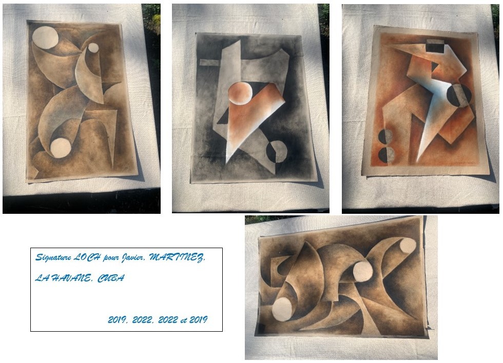 4 Large Post Cubist Rubbed Pastel Drawings, Signed Loch Cuba For Javier Martinez