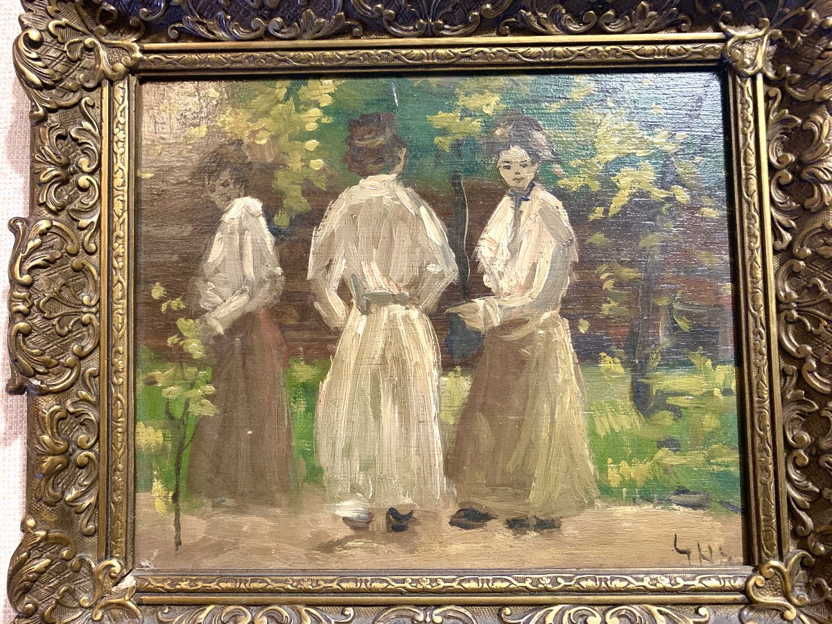 Japanese Women In A Park, Attr To Job Heinrich Frese (1914-1986), Painting On Wden Panel-photo-3