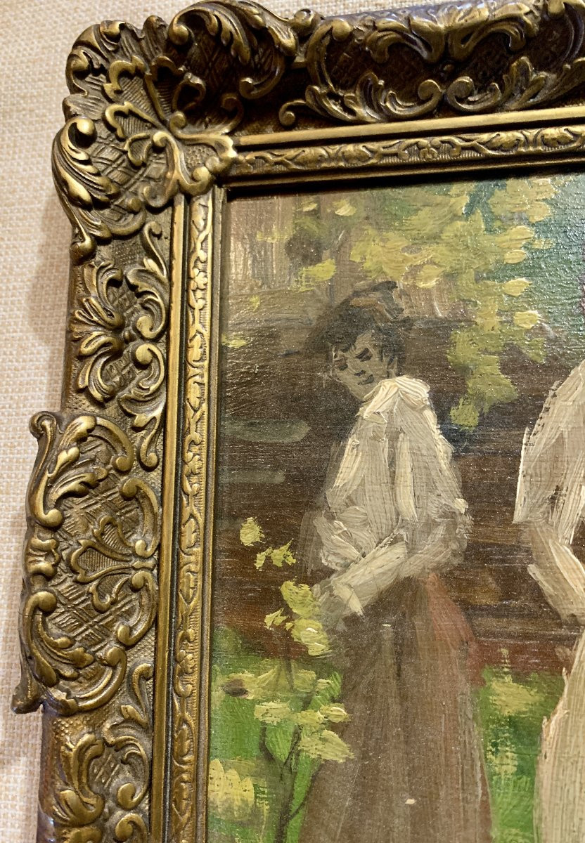 Japanese Women In A Park, Attr To Job Heinrich Frese (1914-1986), Painting On Wden Panel-photo-1