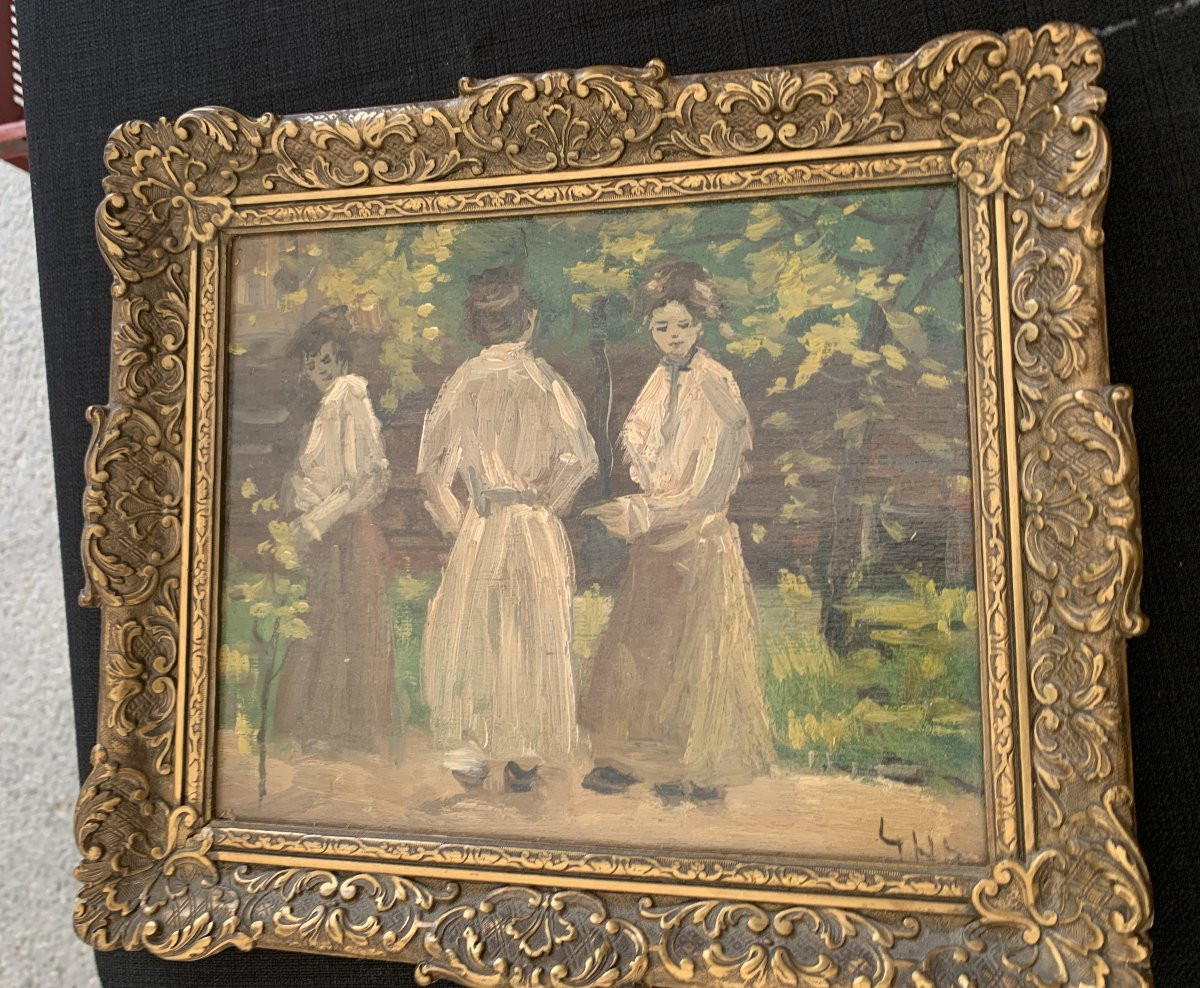 Japanese Women In A Park, Attr To Job Heinrich Frese (1914-1986), Painting On Wden Panel-photo-5