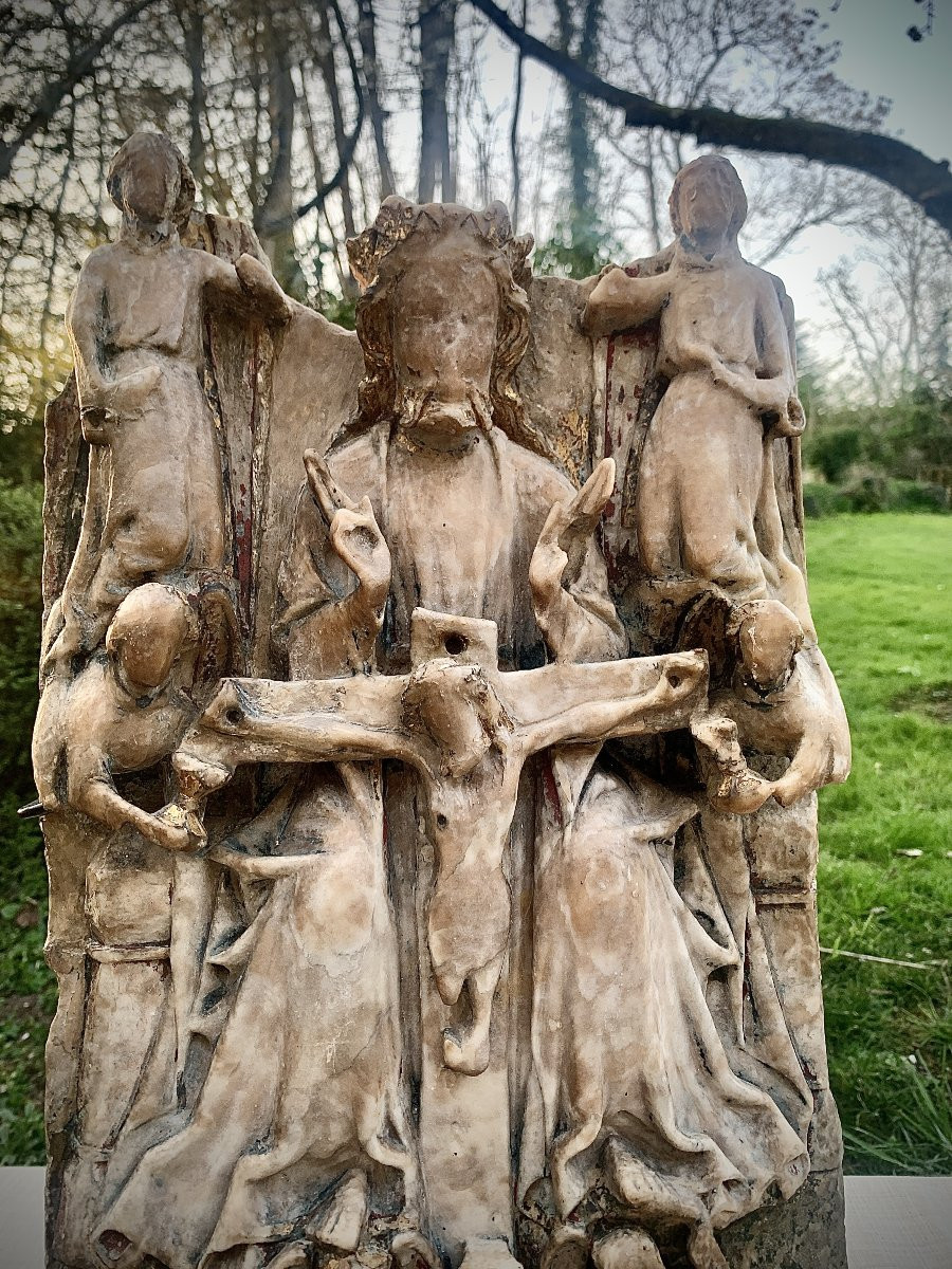 Nottingham XVe s gd bas relief en albâtre polychrome & doré  Sainte Trinité-photo-1