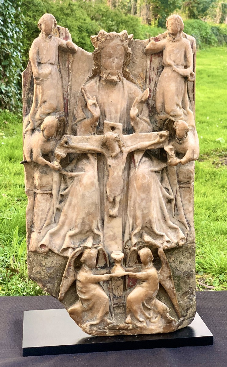 Nottingham XVe s gd bas relief en albâtre polychrome & doré  Sainte Trinité