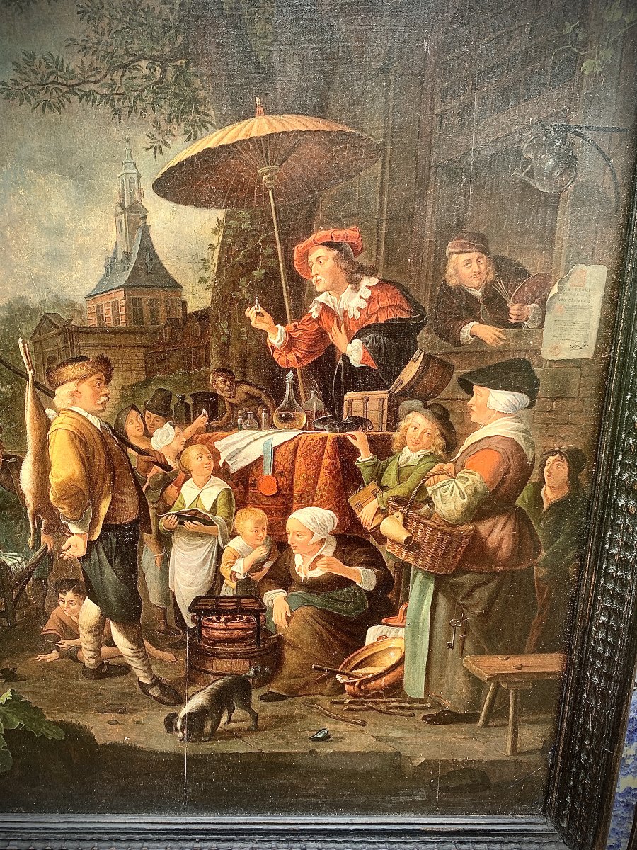 Peinture à l'huile hollandaise sur panneau, "le Charlatan" 1652 d'après Gerrit DOU-photo-3