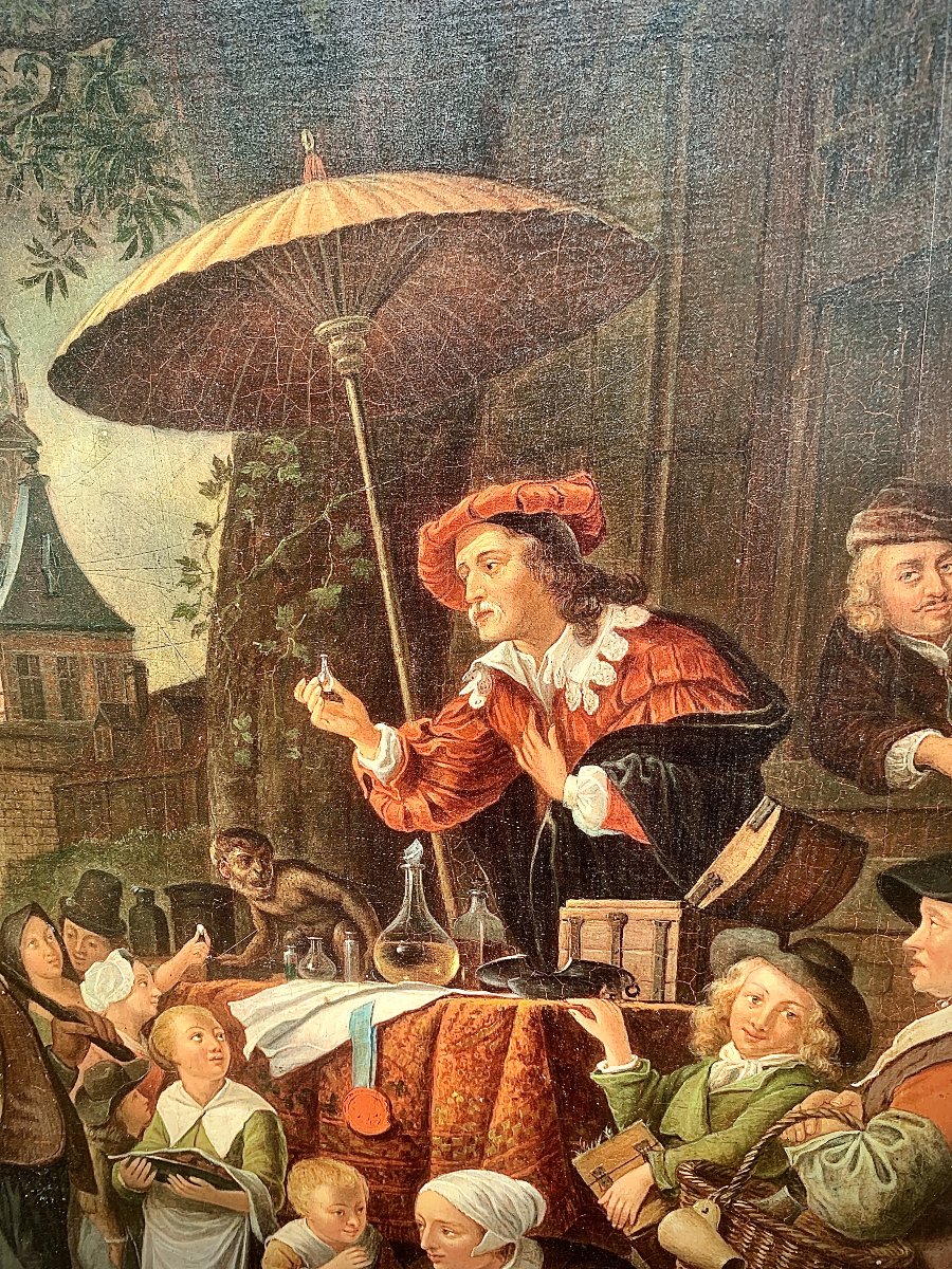 Peinture à l'huile hollandaise sur panneau, "le Charlatan" 1652 d'après Gerrit DOU-photo-1