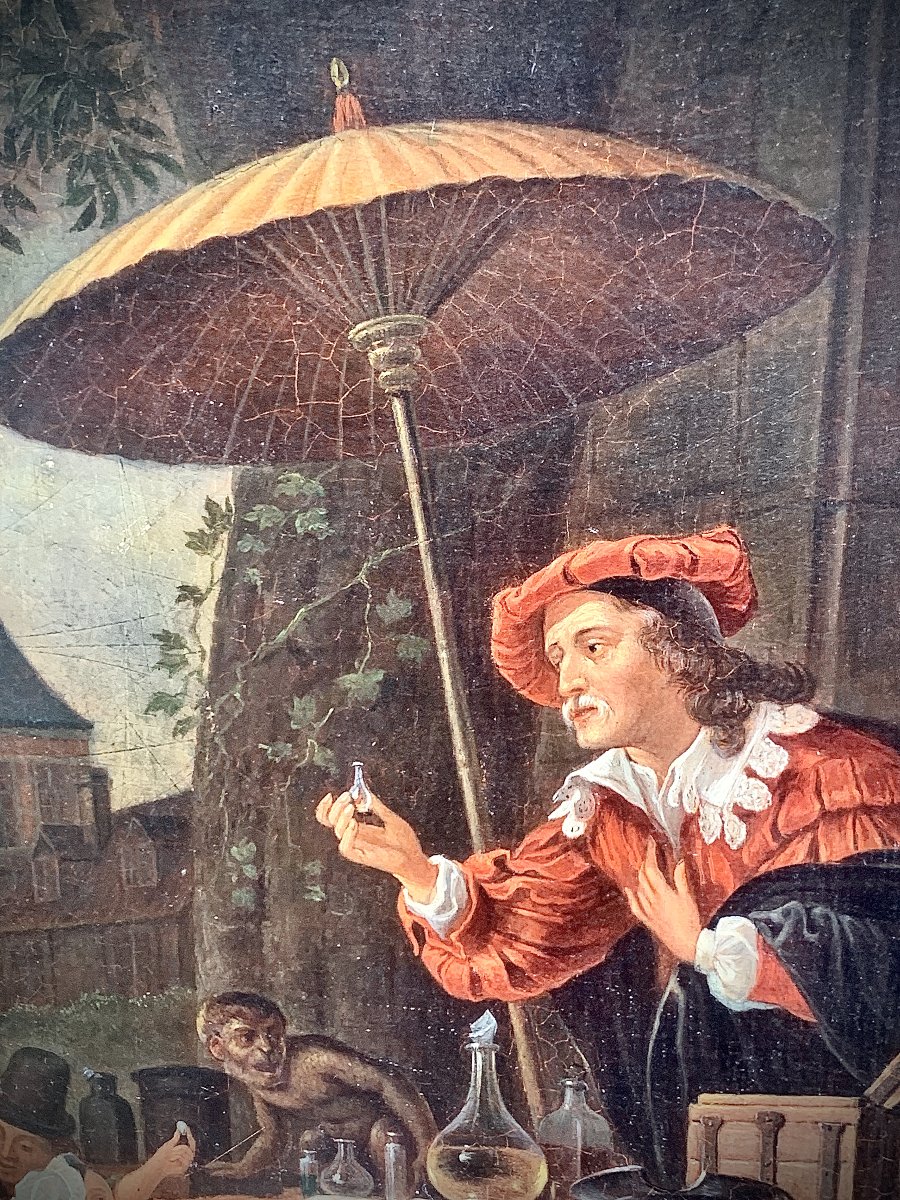 Peinture à l'huile hollandaise sur panneau, "le Charlatan" 1652 d'après Gerrit DOU-photo-4