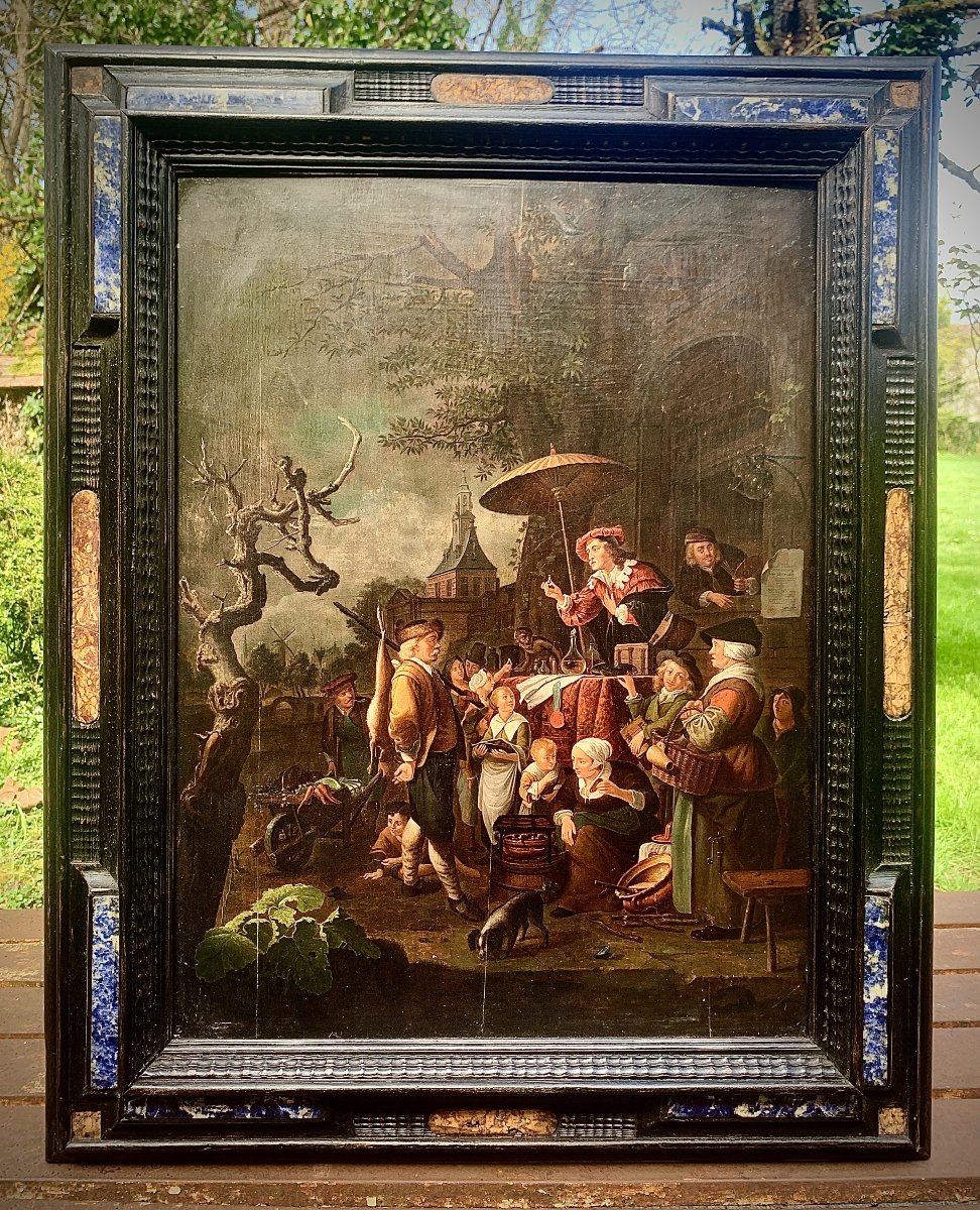 Peinture à l'huile hollandaise sur panneau, "le Charlatan" 1652 d'après Gerrit DOU-photo-8