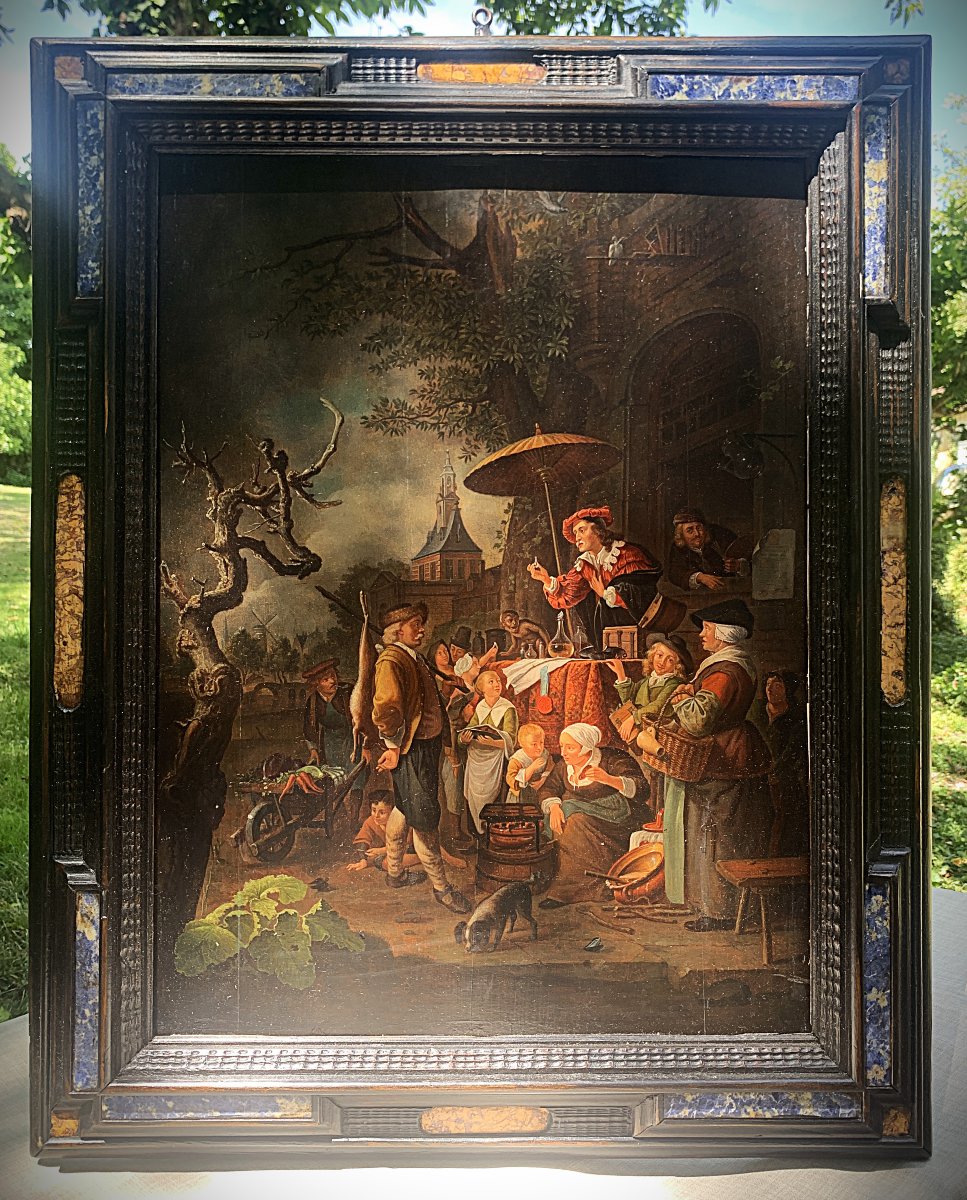 Peinture à l'huile hollandaise sur panneau, "le Charlatan" 1652 d'après Gerrit DOU