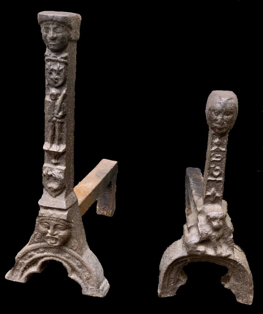 16th Cty Gothic Period Single Cast-iron Andiron With Coat Of Arms, Grotesques,...-photo-8