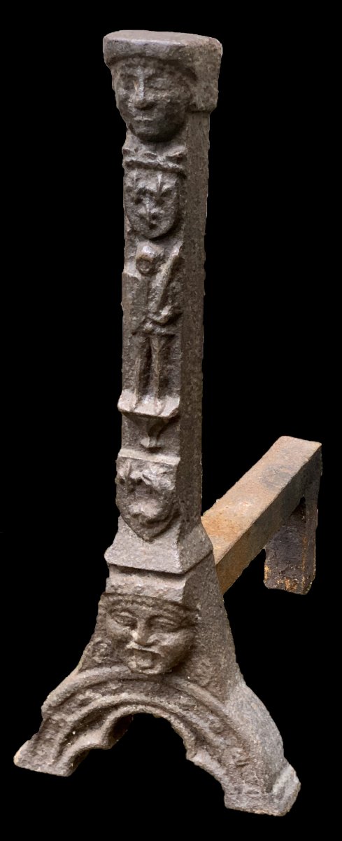 16th Cty Gothic Period Single Cast-iron Andiron With Coat Of Arms, Grotesques,...