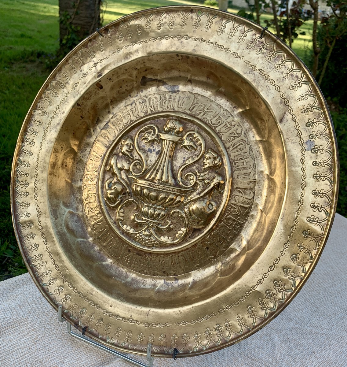 Nuremberg 16th Cty, Brass Alms Dish Depicting Urn With Handles, Triton & Mermaid 