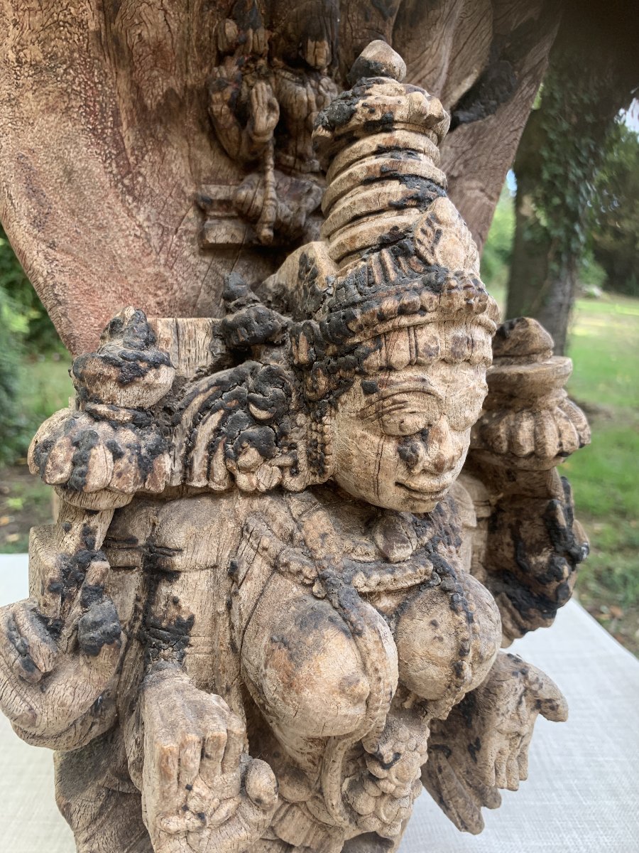 India, 17 Or 18th Cty, Lakshmi Very Large Gray Patina Wden Carvd Bracket-photo-8