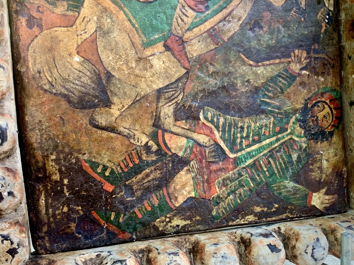 Ecole de CUZCO, icône coloniale Esp panneau bois, St Jacques le Majeur bataille de CLAVIJO-photo-3