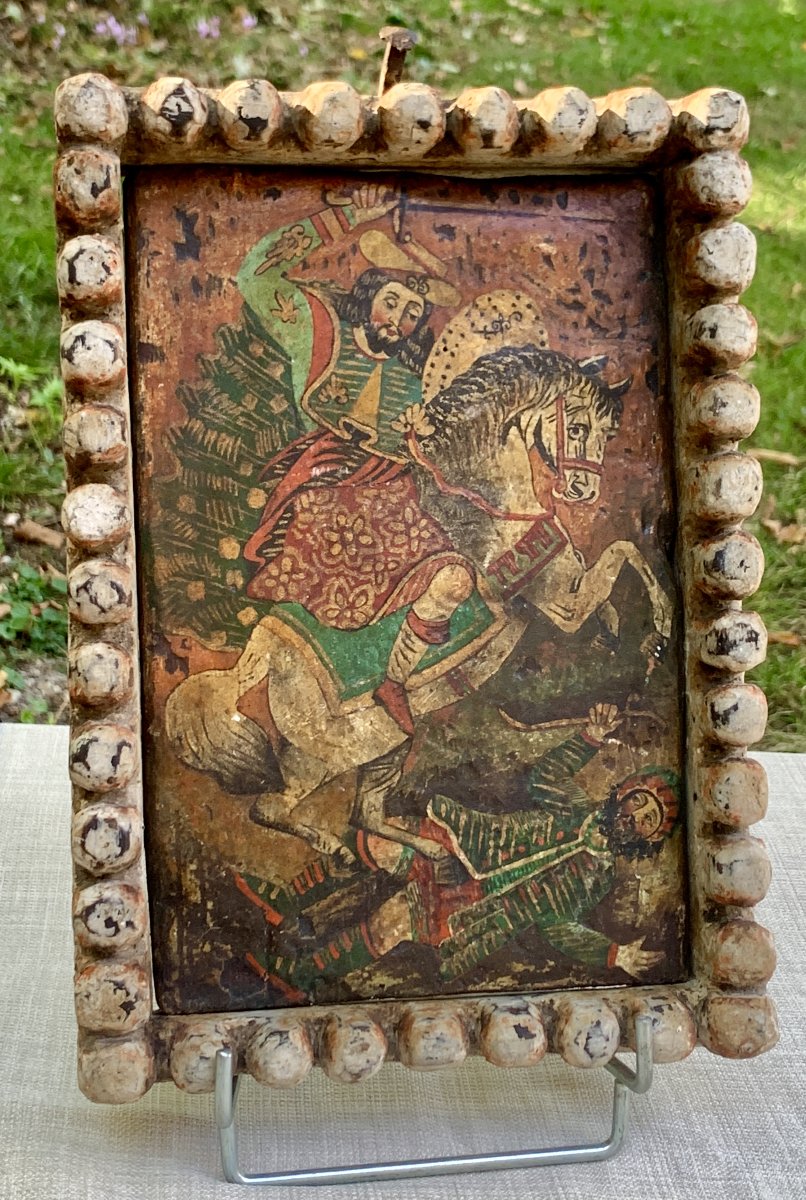 Ecole de CUZCO, icône coloniale Esp panneau bois, St Jacques le Majeur bataille de CLAVIJO-photo-1