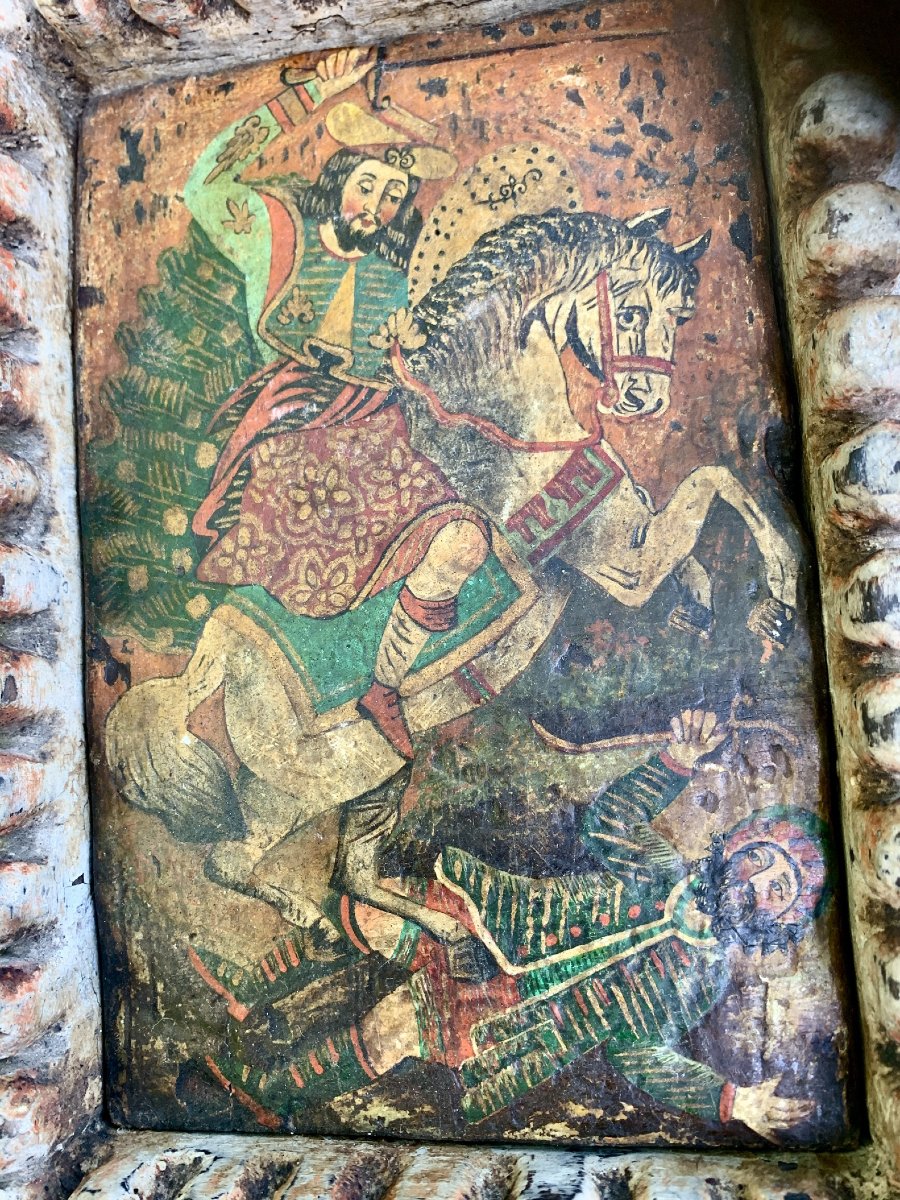 Ecole de CUZCO, icône coloniale Esp panneau bois, St Jacques le Majeur bataille de CLAVIJO-photo-2