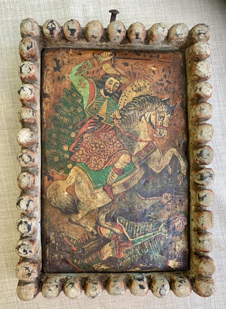 Ecole de CUZCO, icône coloniale Esp panneau bois, St Jacques le Majeur bataille de CLAVIJO-photo-4