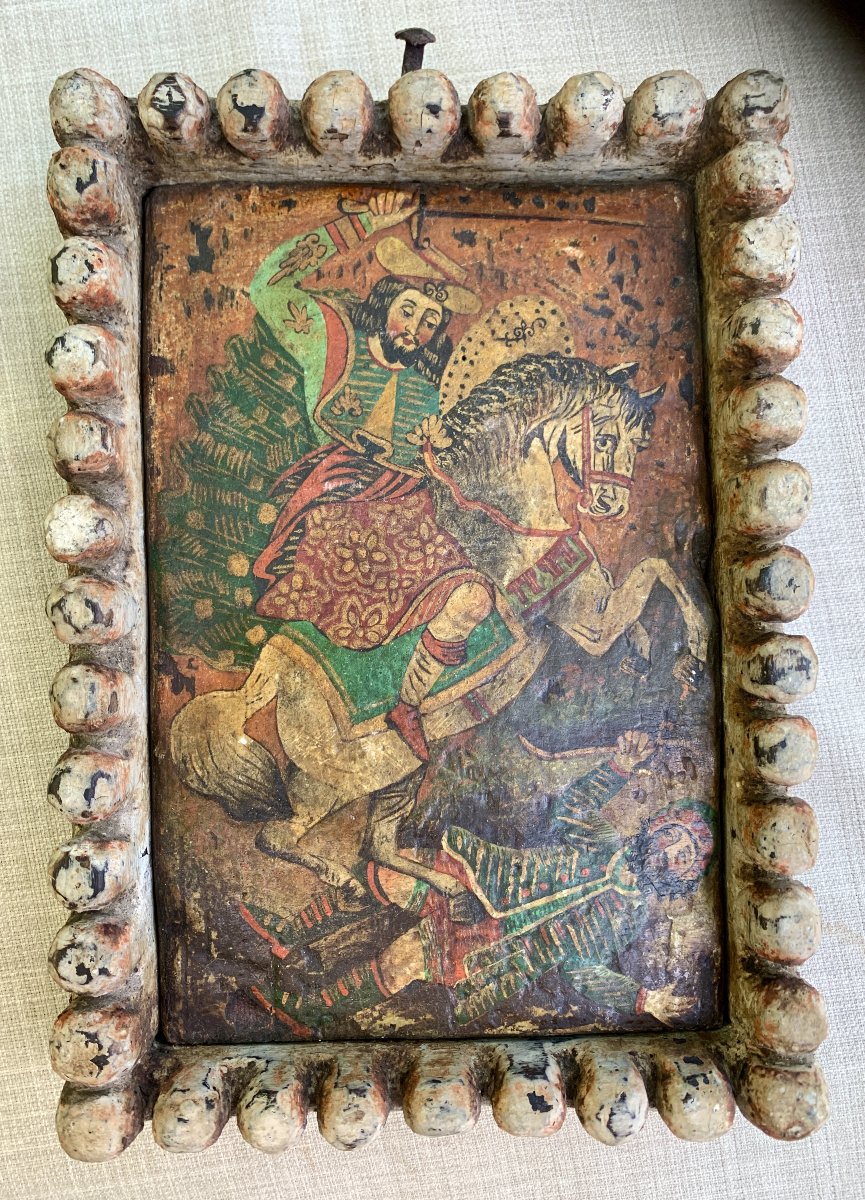 Ecole de CUZCO, icône coloniale Esp panneau bois, St Jacques le Majeur bataille de CLAVIJO