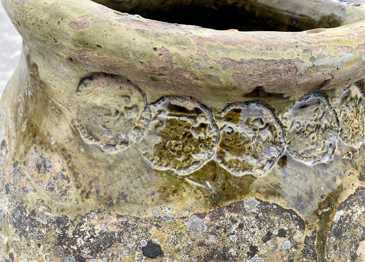 Spectaculaire jarre terre vernissée Fréjus fin XVIe s col vernissé vert 5 cachets-photo-2
