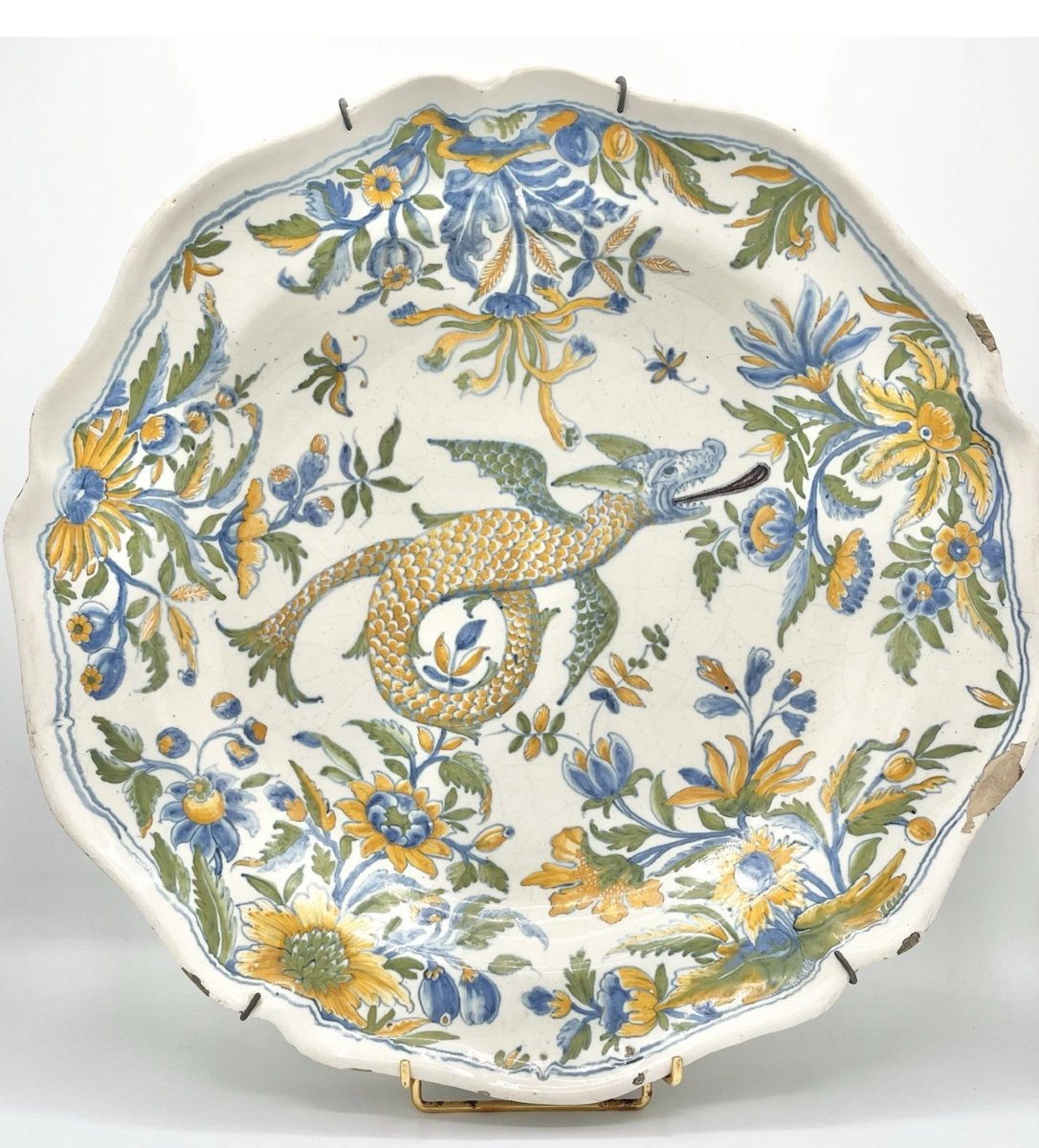 Large Polychrome Earthenware Platter With A Dragon Design, Moulins, 18th Cty-photo-3