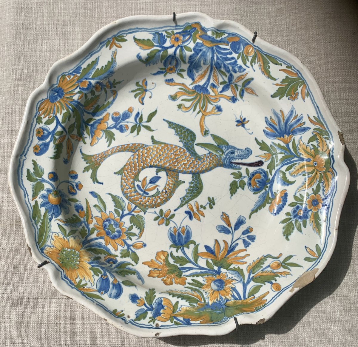 Large Polychrome Earthenware Platter With A Dragon Design, Moulins, 18th Cty-photo-1