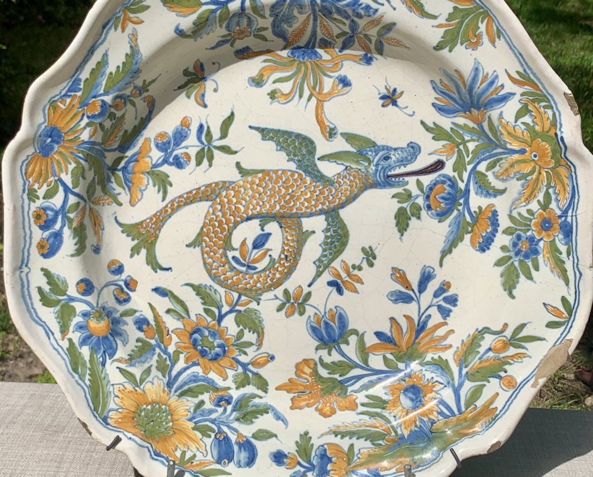 Large Polychrome Earthenware Platter With A Dragon Design, Moulins, 18th Cty-photo-7