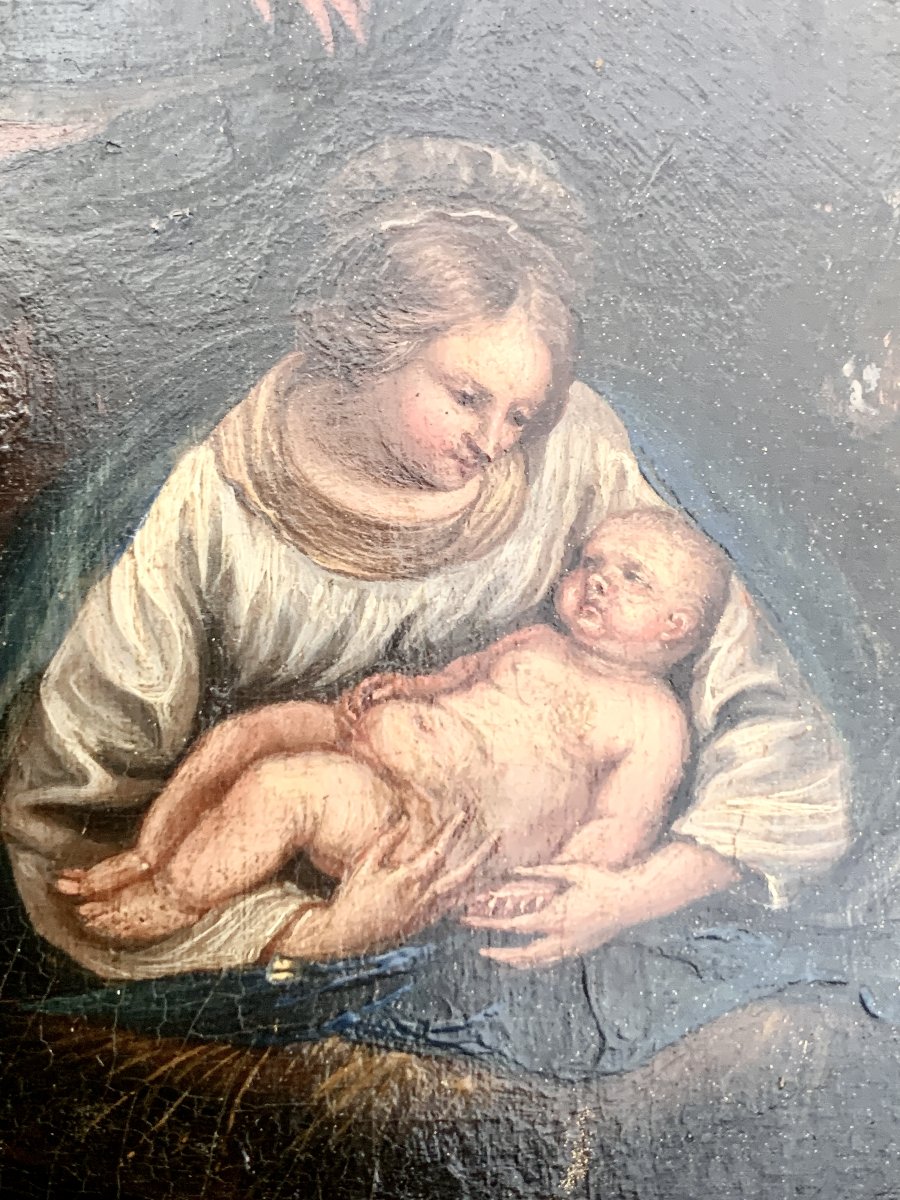 Huile sur panneau Rome déb XVIIe s "La Ste Famille" ou "Nativité"  Carlo SARACENI-photo-2