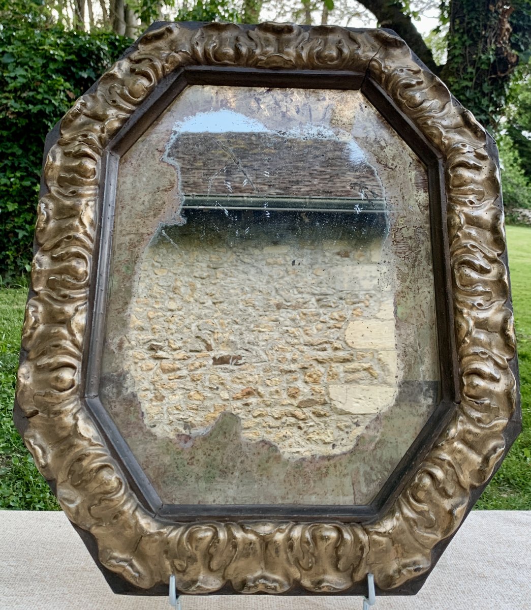 Large Baroque Italian 17th Cty Mercury Mirror With Its Octagonal Carved Wood &amp;amp; Gilt Frame-photo-2