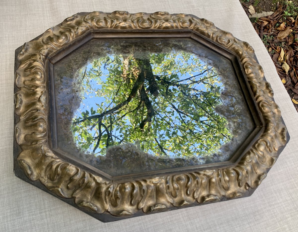 Large Baroque Italian 17th Cty Mercury Mirror With Its Octagonal Carved Wood &amp;amp; Gilt Frame-photo-3