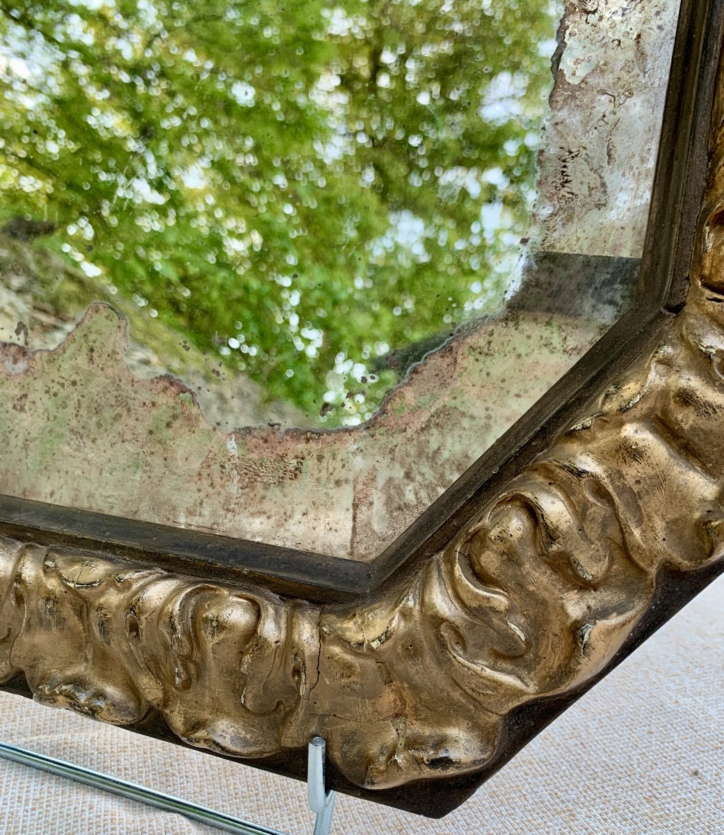 Large Baroque Italian 17th Cty Mercury Mirror With Its Octagonal Carved Wood &amp;amp; Gilt Frame-photo-3
