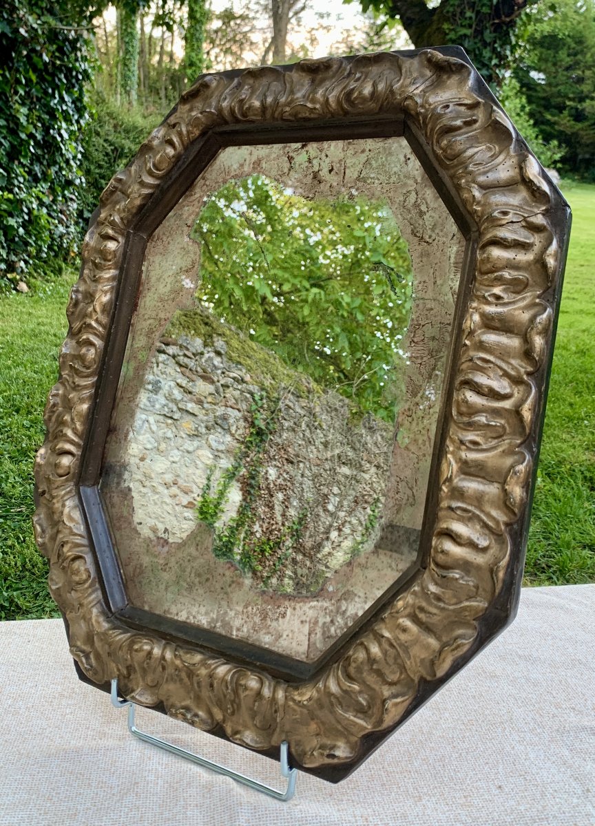 Large Baroque Italian 17th Cty Mercury Mirror With Its Octagonal Carved Wood &amp;amp; Gilt Frame-photo-4