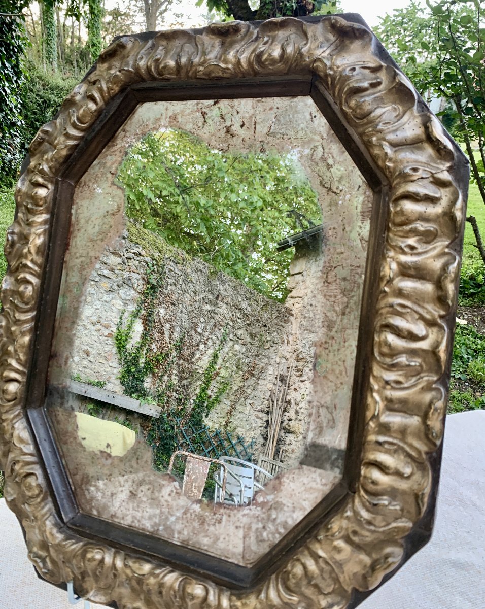 Large Baroque Italian 17th Cty Mercury Mirror With Its Octagonal Carved Wood &amp;amp; Gilt Frame-photo-1