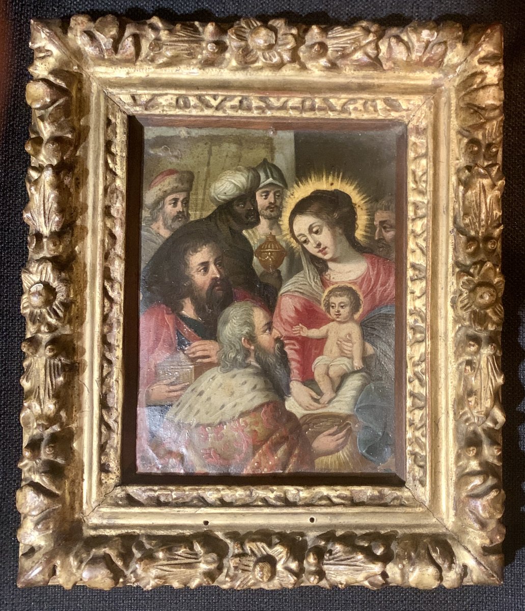 Vers 1610-1630, pte pture sur cuivre Adoration des Mages, cercle Frans FRANKEN II-photo-2