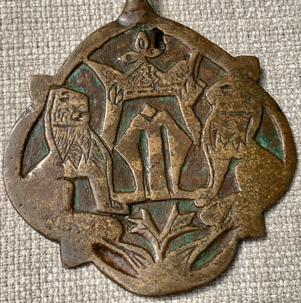 14th Cty: Large Medieval Harness Pendant Featuring Two Lions Framing A "lombard M" Under A Tent-photo-1