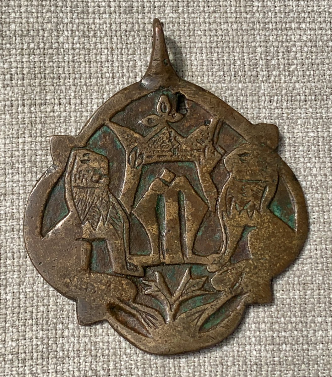 14th Cty: Large Medieval Harness Pendant Featuring Two Lions Framing A "lombard M" Under A Tent-photo-2