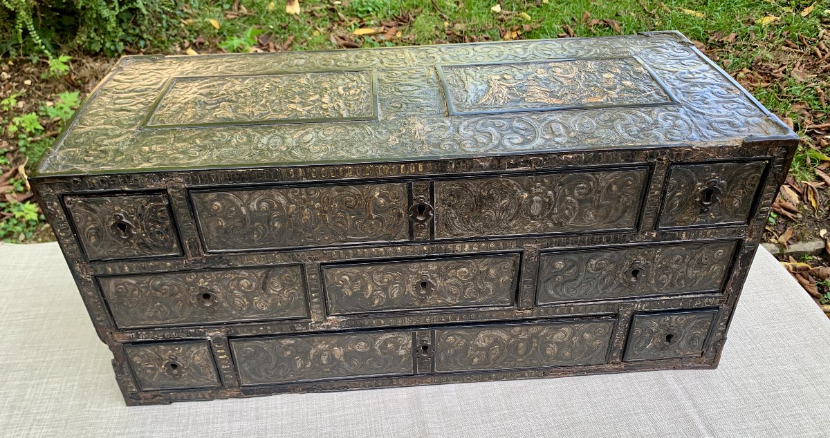 Circa 1600, Northern Italy? Pastiglia Travel Cabinet Imitating Cordoba Leather