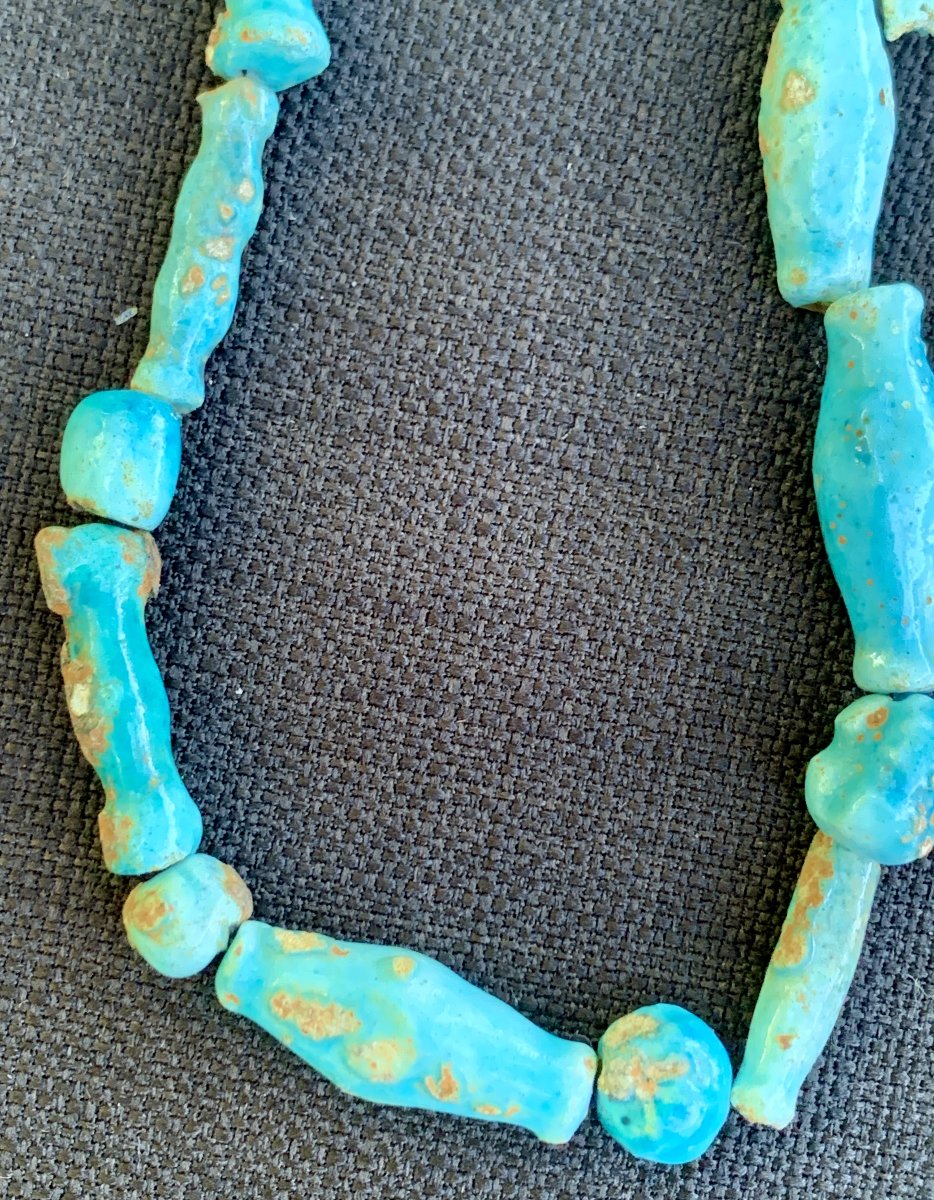 Archéo egyptienne: collier perles tubulaires céramiq fritte bleu turquoise-photo-4