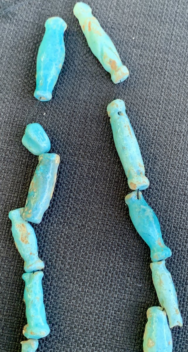 Archéo egyptienne: collier perles tubulaires céramiq fritte bleu turquoise-photo-1