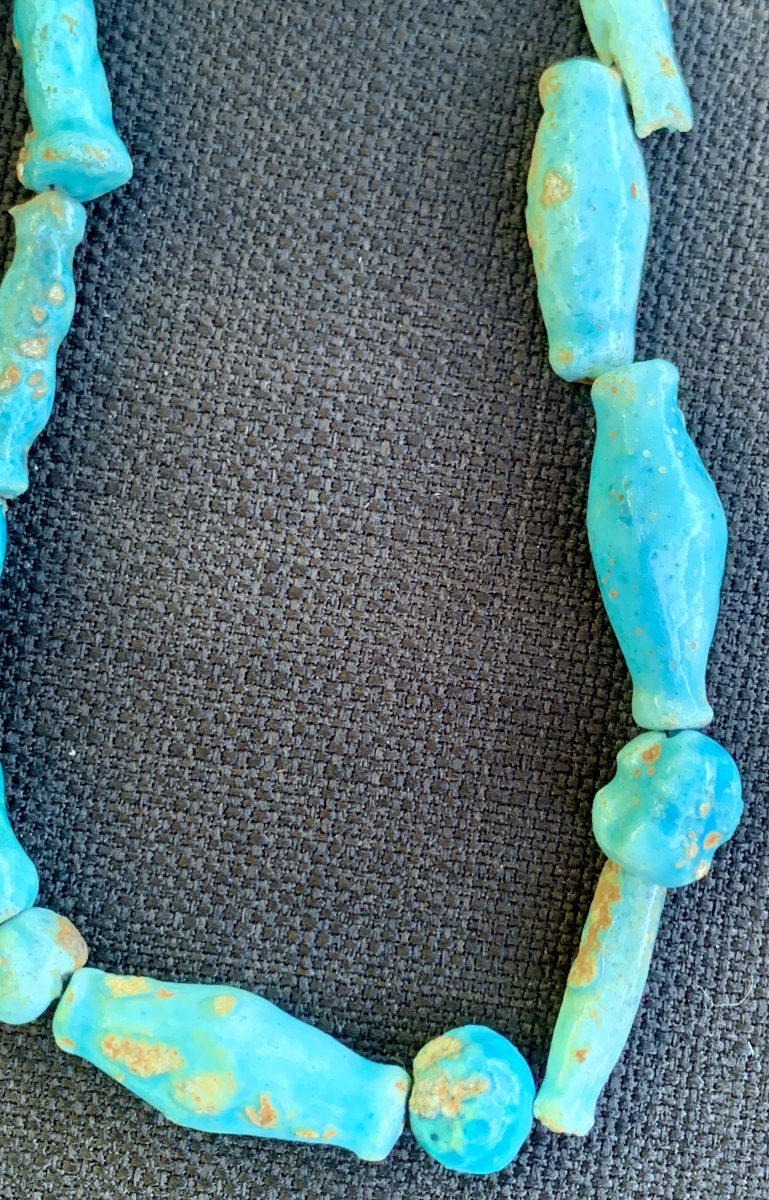 Archéo egyptienne: collier perles tubulaires céramiq fritte bleu turquoise-photo-6