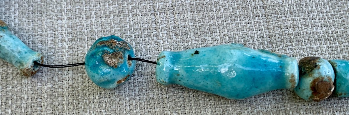 Archéo egyptienne: collier perles tubulaires céramiq fritte bleu turquoise-photo-7