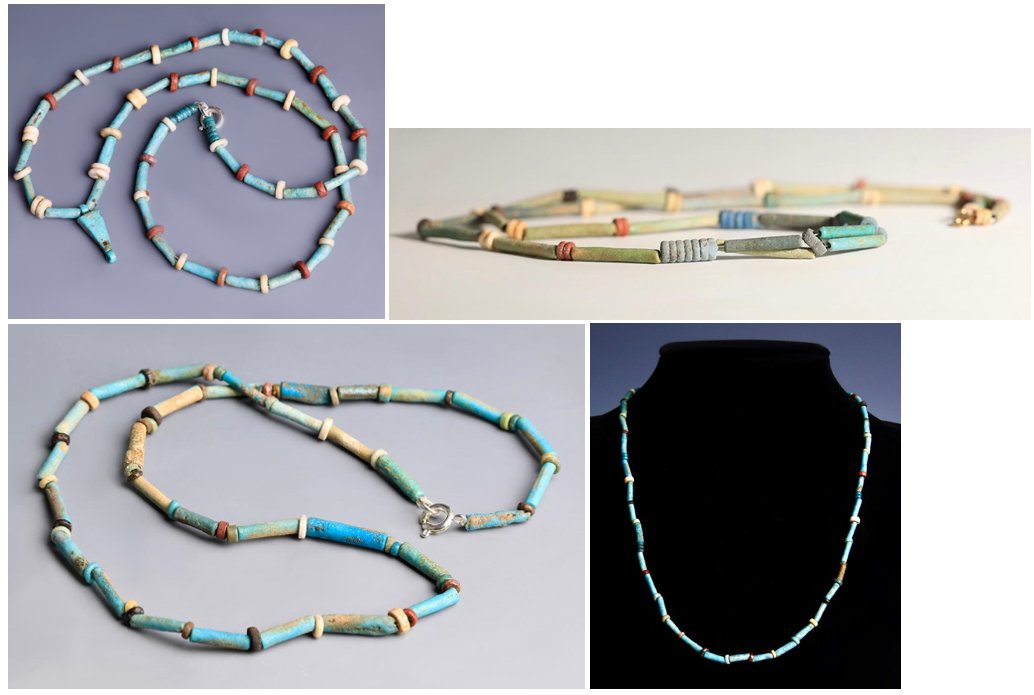 Archéo egyptienne: collier perles tubulaires céramiq fritte bleu turquoise-photo-8