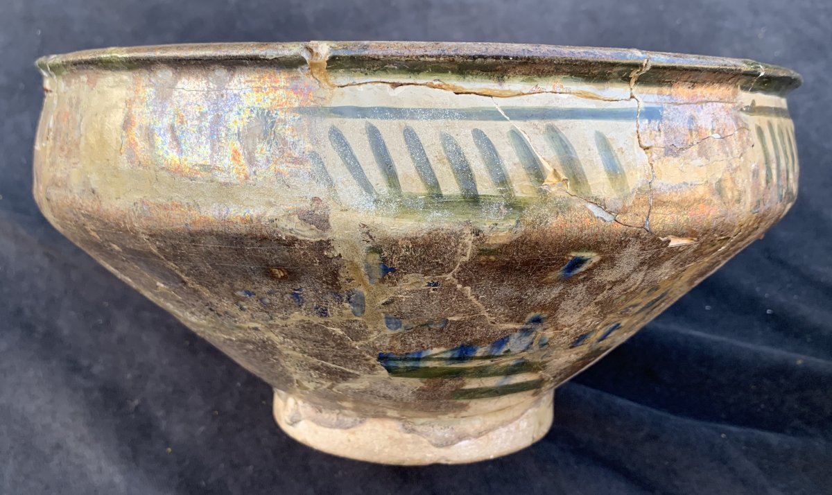 Large Sultanabad Ceramic Cup, XIIIth-xivth Cty, 2 Bird Radian Design With Gild Iridescent-photo-6