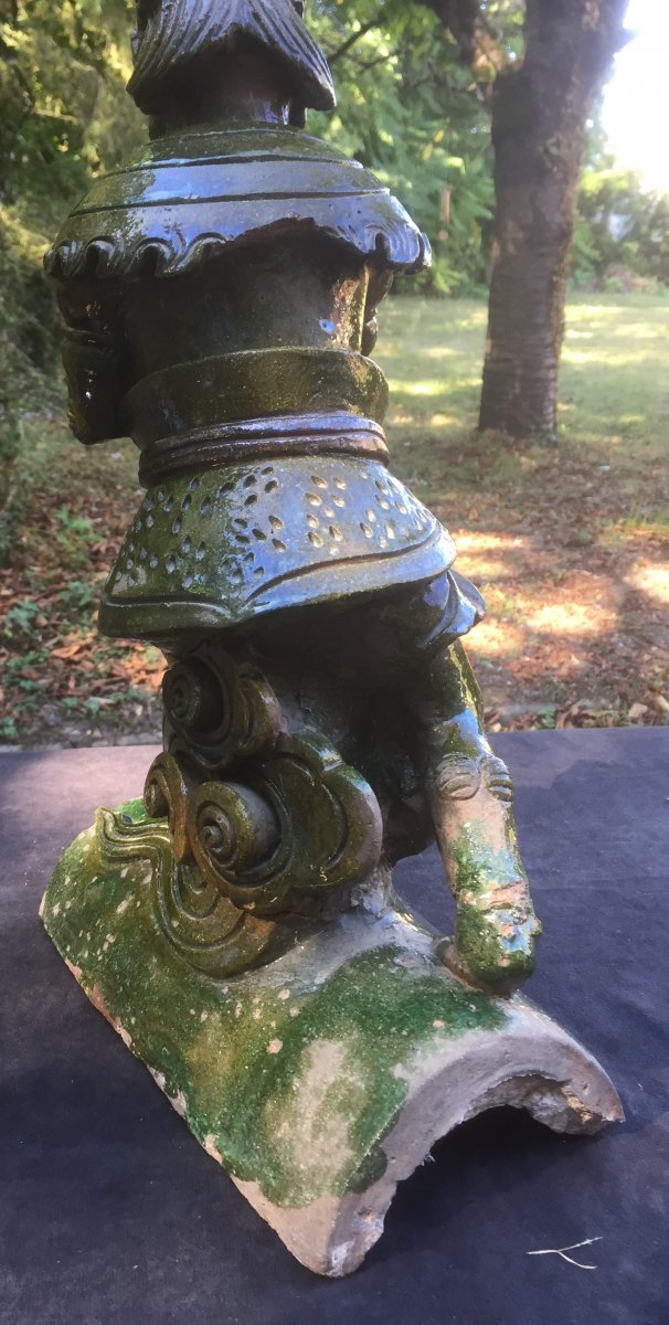 Large Glazed Kaki Green Ceramic Roof Tile, Standing Demon , China XIXth Cty-photo-6