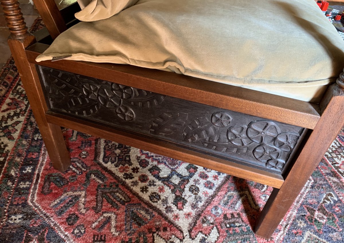 Fauteuil à système Morris, acajou massif, Arts & Crafts (1880-1920), panneaux fleurs Art Déco-photo-4