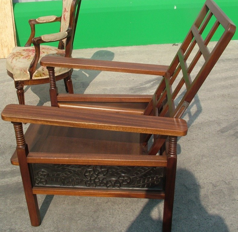 Fauteuil à système Morris, acajou massif, Arts & Crafts (1880-1920), panneaux fleurs Art Déco-photo-5