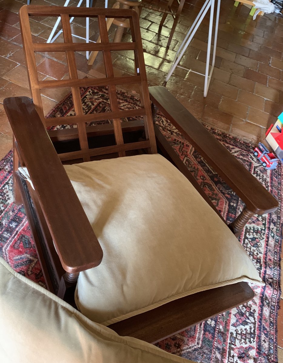 Fauteuil à système Morris, acajou massif, Arts & Crafts (1880-1920), panneaux fleurs Art Déco-photo-6