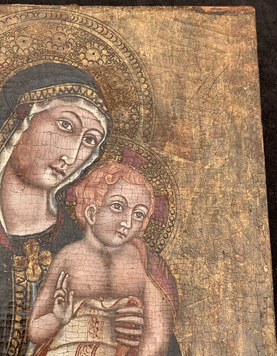 Primitive Italian Painting, Oil On Canvas Glued On Wooden Panel, Mother In Child, Venice XIIIth Cty-photo-3
