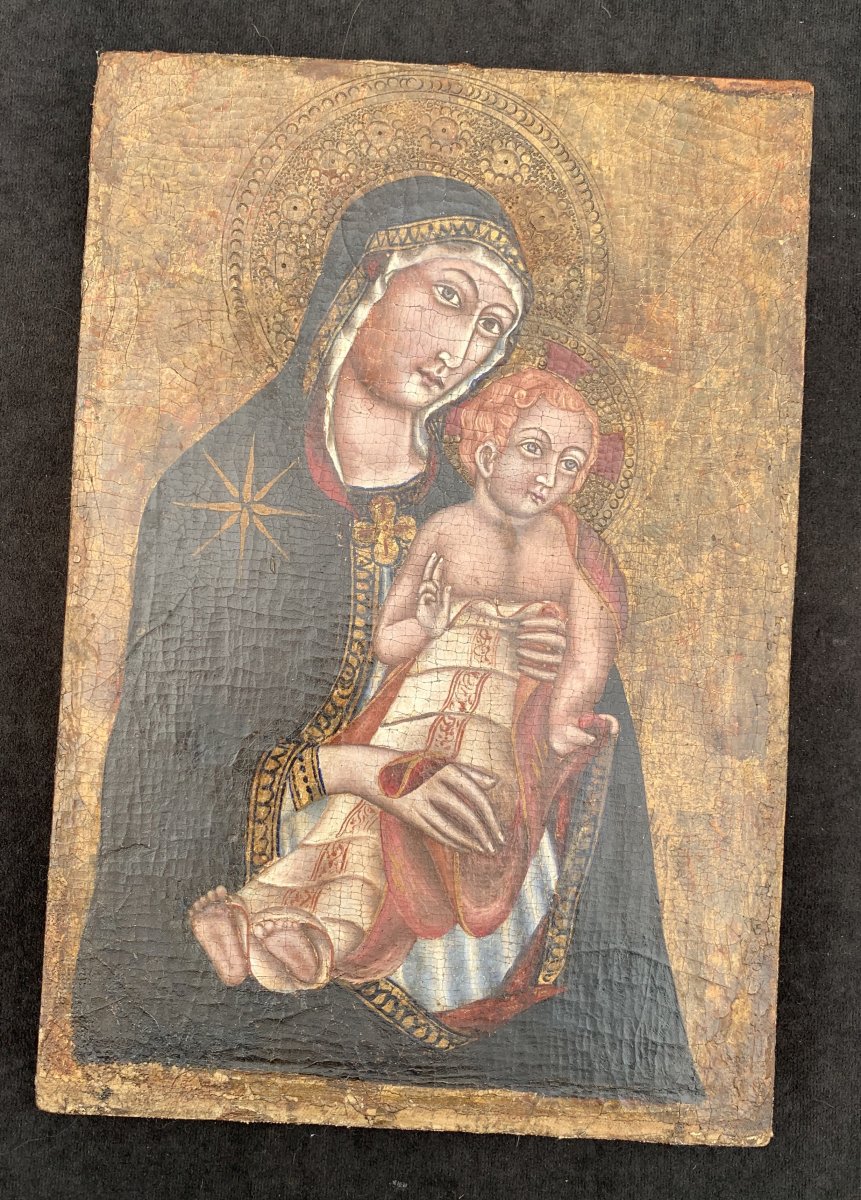 Primitive Italian Painting, Oil On Canvas Glued On Wooden Panel, Mother In Child, Venice XIIIth Cty