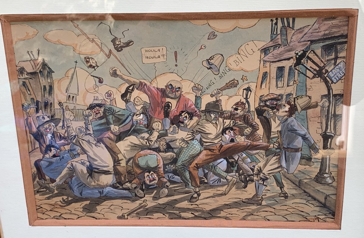 XXth Cty Humorous Watercolour Drawing, English Street Brawl Scene