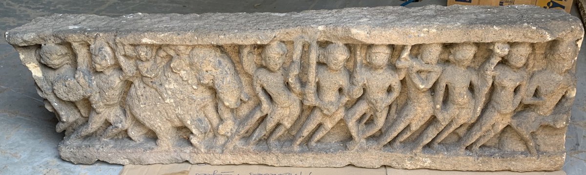 Fragmentary  Carved Stone Frieze Panel, Battle Scene Krishna Elephant Xth-photo-4