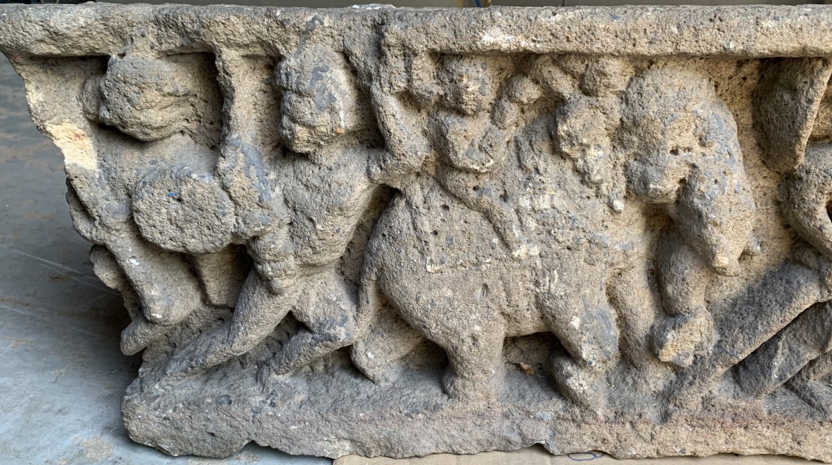 Fragmentary  Carved Stone Frieze Panel, Battle Scene Krishna Elephant Xth-photo-1