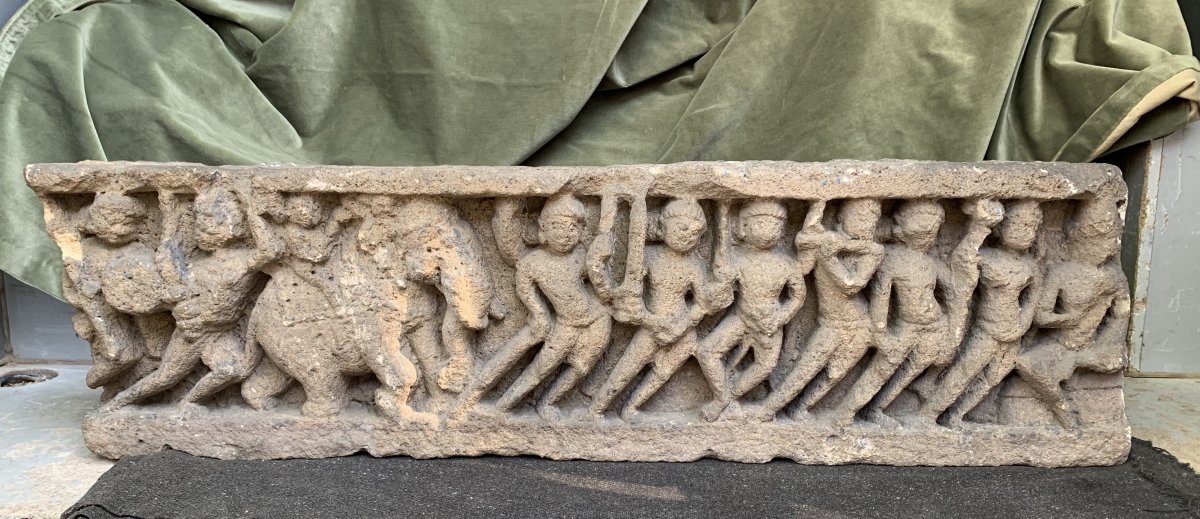 Fragmentary  Carved Stone Frieze Panel, Battle Scene Krishna Elephant Xth
